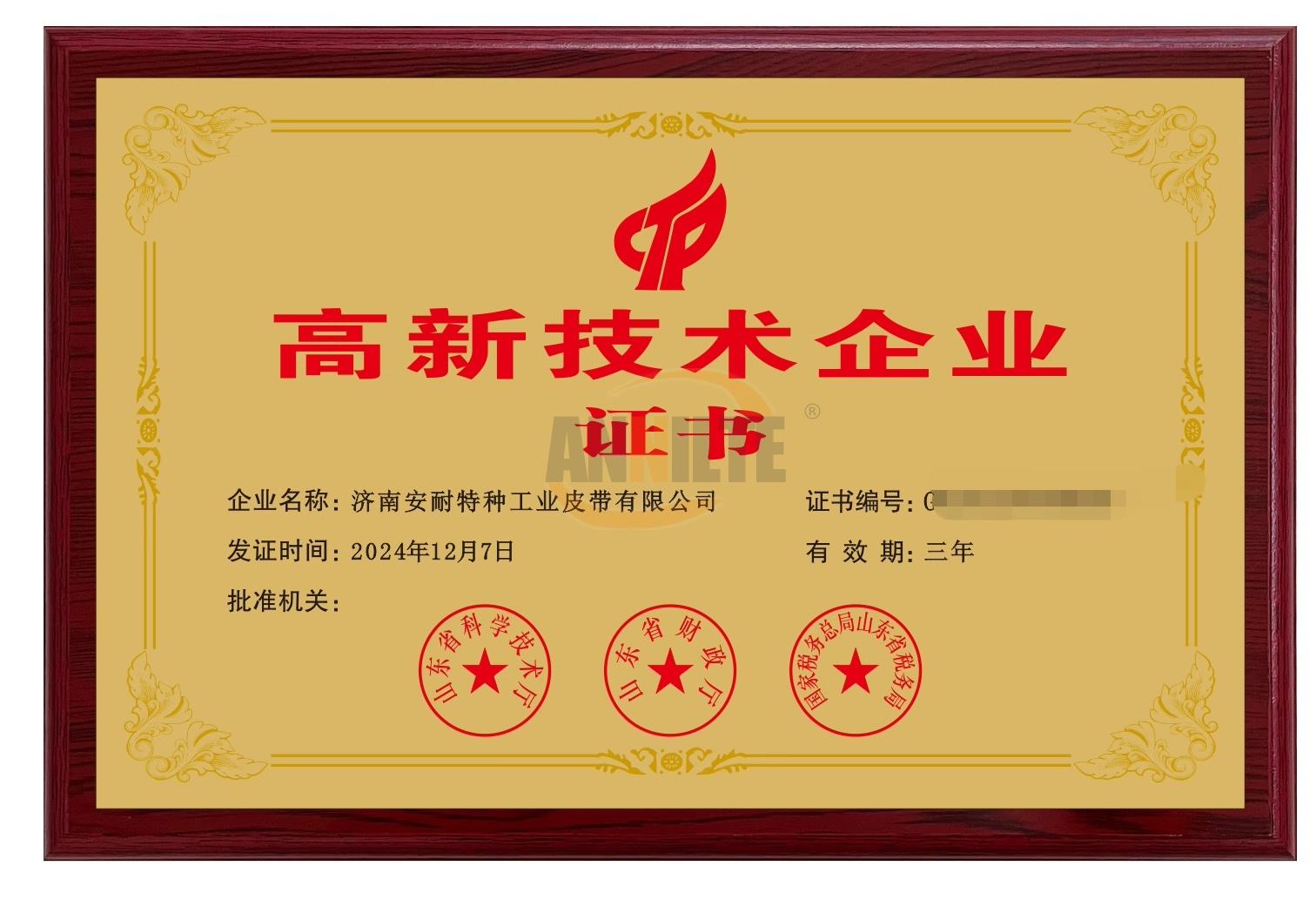 高新技术企业证书